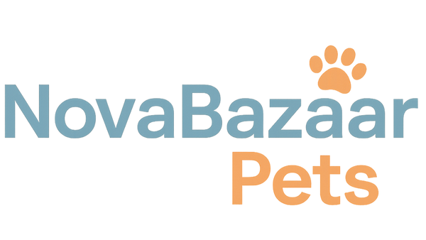 "Minimalist modern logo design for NovaBazaar Pets, featuring a clean bold font with a small paw 🐾 icon integrated into the text. Use soft colors like blue and orange for a friendly and trustworthy vibe. Transparent background, vector style, simple and professional, suitable for an online pet store."